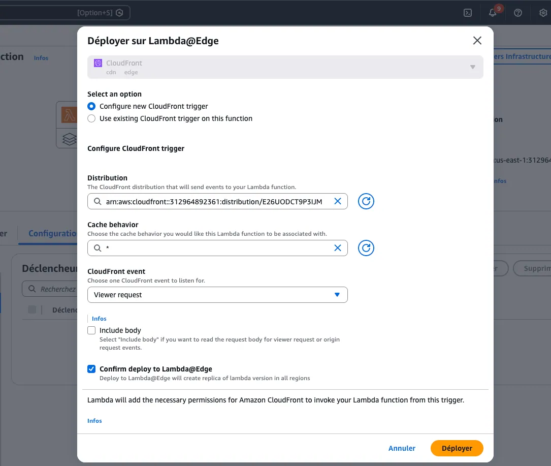 AWS Lambda trigger settings showing deploy to Lambda@Edge
